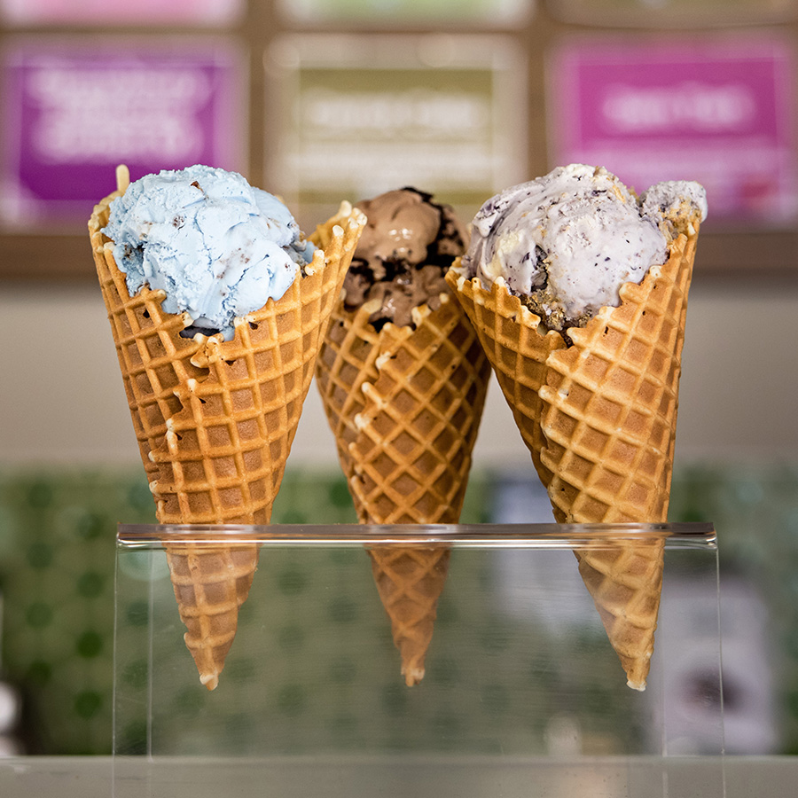 three flavors of ice cream cones from Swanky Scoop