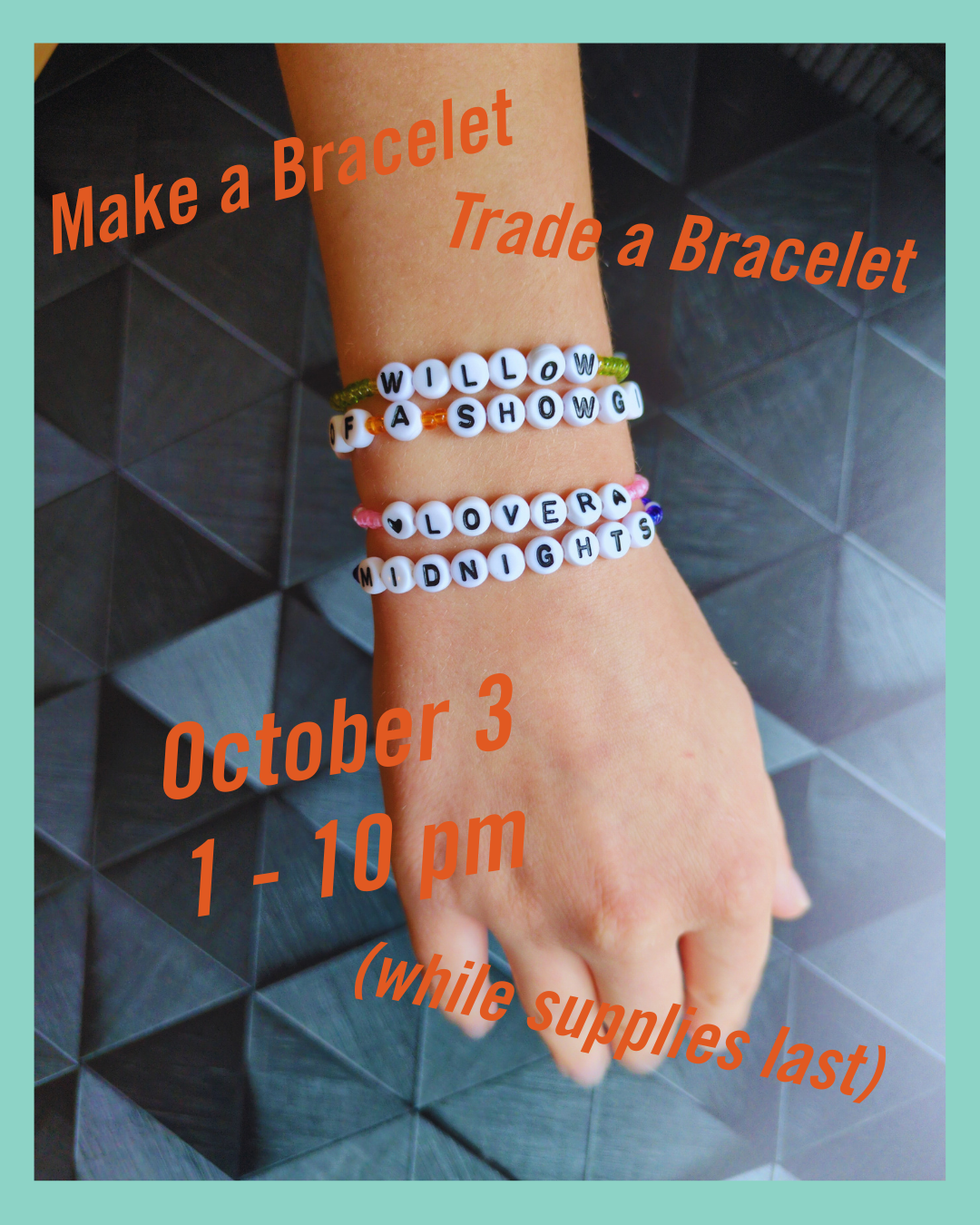 Arm with swiftie style bracelets shown